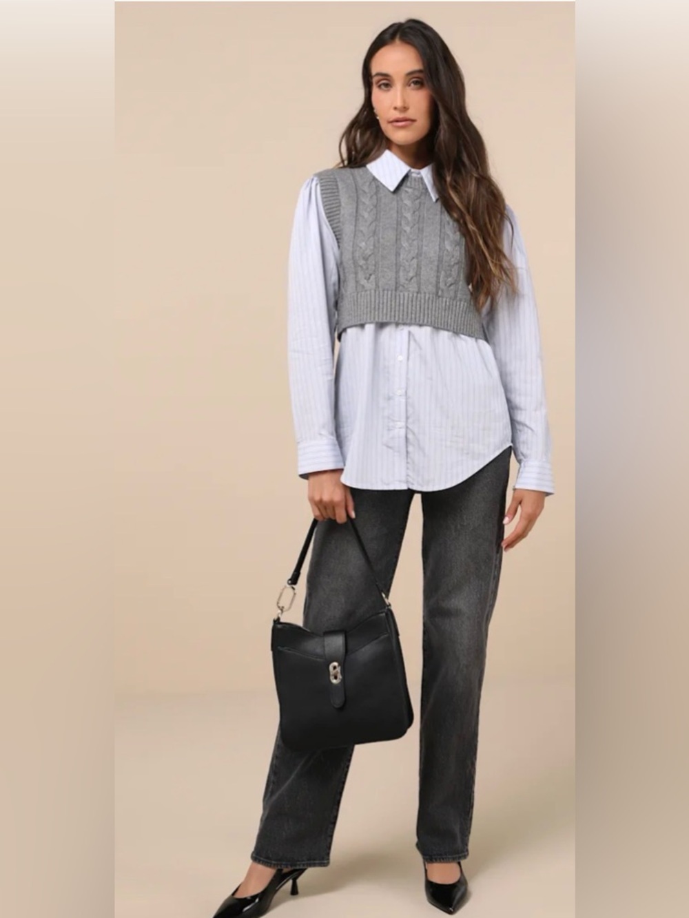 ASTR the Label Flannery Blue Grey Striped Layered Sweater Vest M Preppy Academic